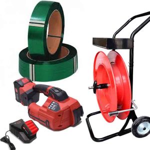Set za plastično povezovanje ARGON 10-16mm PET/PP z baterijo in polnilcem ter PET trakom 12mm na vozičku